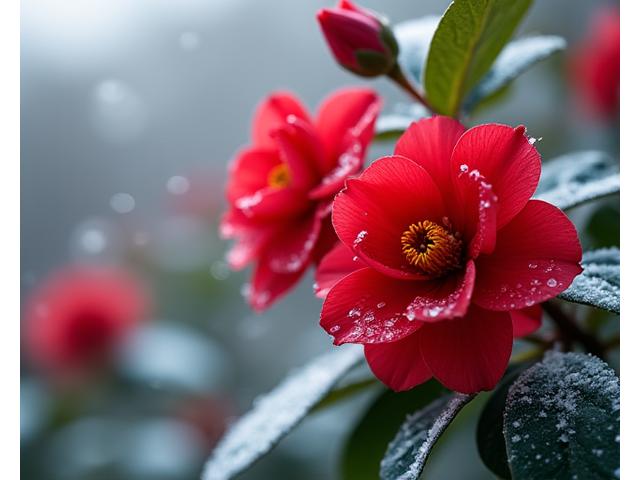 겨울 동백꽃 정원의 붉은 동백꽃